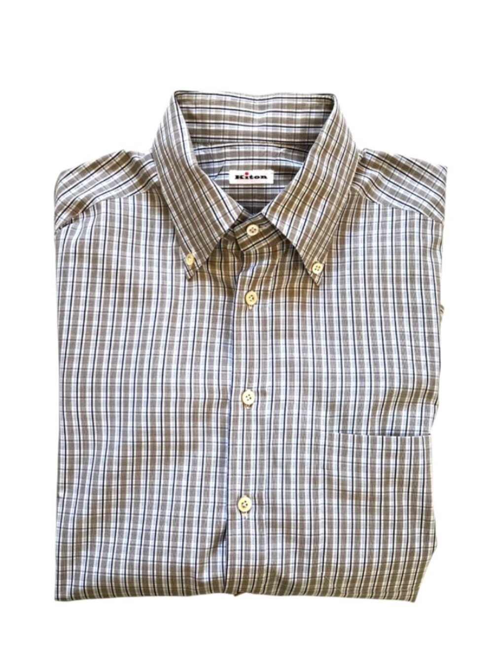 KITON Button Down Sport Shirt Mens 40 16.5 Brown Blue White Plaid Cotton $795